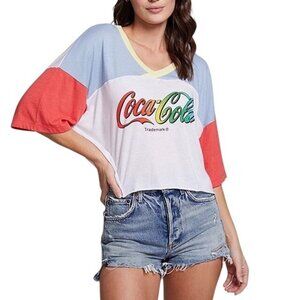 CHASER COCA COLA Graphic Crop Tee S White Colorblock VNeck Oversize Cotton Blend